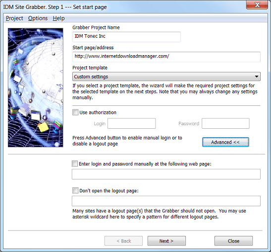 Step 1 of Internet Download Manager Grabber Wizard